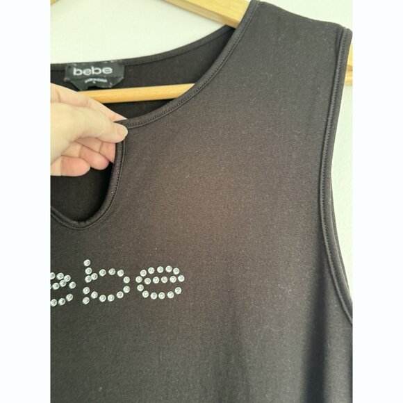 BEBE Y2K Crystal Logo Ruched Sleeveless Midi Dress Size Large Black Stretch 90s - Picture 6 of 11